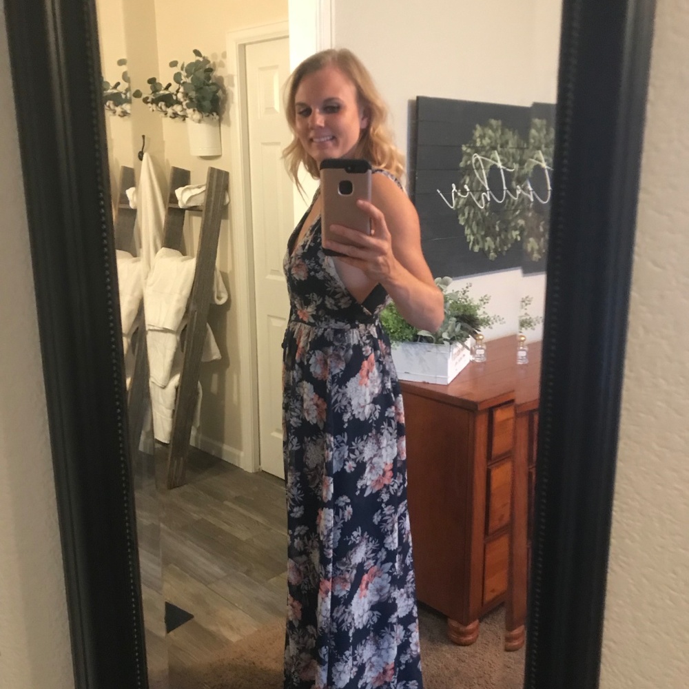 Long Navy Blue Floral Wedding or Prom Dress - Picture 4 of 5